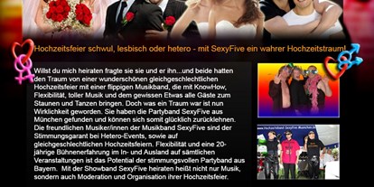 Hochzeitsmusik - Besetzung (mögl. Instrumente): Keyboard - Germering - Gerne auch für gleichgeschlechtliche Hochzeitsfeiern mit top Show, Stimmung und Moderation. - SexyFive 