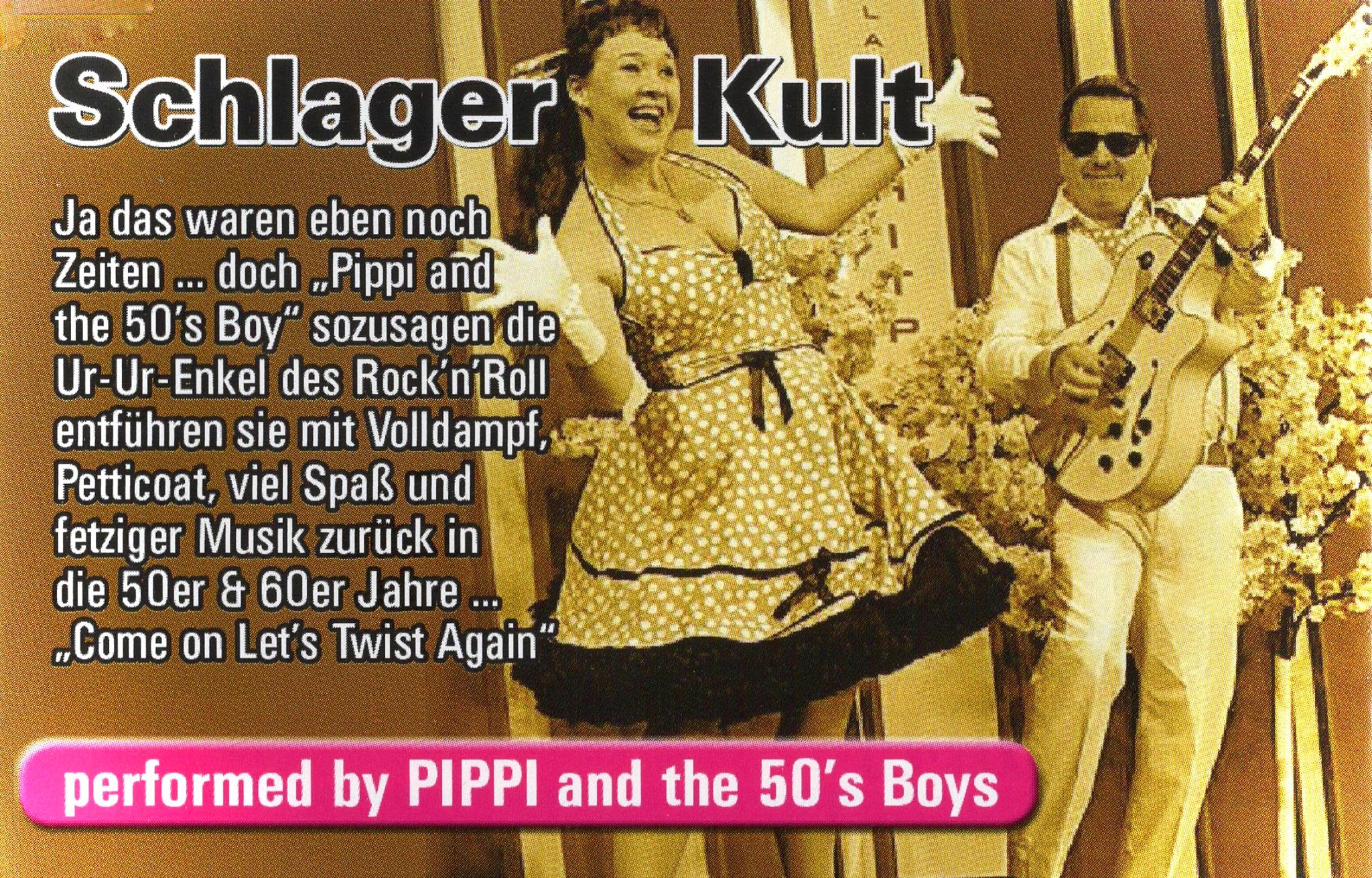 Hochzeitsband - Die wilden 50er & 60er Jahre sind vorbei. Ihre Musik jedoch lebt in den Generationen 
danach unerreicht immer und immer weiter…denn….war damals nicht der Bossa Nova 
daran schuld, das man rote Lippen küssen und die Badehose einpacken musste, wenn es mit dem 
Honolulu Strandbikini an den Wannsee ging, man keine Schokolade essen sollte, 
wenn man eigentlich lieber einen Mann haben wollte?
Ja das waren eben noch Zeiten….. doch „Pippi and the 50's Boy" 
sozusagen die Ur-Ur-Enkel des Rock'n'Roll entführen sie mit 
Volldampf, Petticoat, viel Spaß und fetziger Musik zurück 
in die 50er & 60er Jahre... „Come on Lets Twist Again“ - Pippi and the 50's Boy