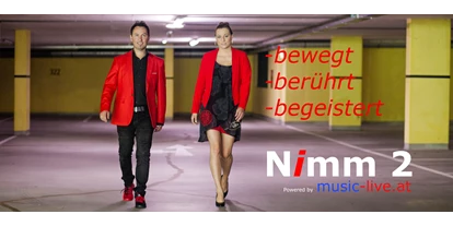 Hochzeitsmusik - Besetzung (mögl. Instrumente): weibliche Hauptstimme - Linz (Oberösterreich) - Heiße Partystimmung auf Hochzeit, Maturaball, Firmenfest und Event gewünscht?
Nimm 2 sorgt als Partyband auf Hochzeiten, Maturabälle, Firmenfeiern und Events für ausgelassen Stimmung.
Als Stimmungsmacher gilt die Partymusik auf Bälle, Gschnas, Faschingsparty, Open Airs und Weihnachtsfeiern.
Ihr bekommt von den MusikerInnen keine fertigen Playlists, weil jede Veranstaltung unterschiedlich und individuell ist!
Denn die gespielten Songs wählen wir als oberösterreichische Musikband  spontan aus.
Damit stellen wir uns auf unser Publikum möglichst perfekt ein.
Stimmungsgeladene Hits bringen die Tanzfläche zum Wackeln.
Das Lebensgefühl der 70er und 80er, 90er wird mit Leben erweckt.
Legendäre Discoknaller, packende Beats und Rockiges ertönt aus der Professionellen Anlage.
Musikwünsche gerne angenommen.
Unser Spaß an der Musik überträgt sich schnell auf das Publikum.
Denn das Erfolgskonzept als OÖ Partyband ist richtig gute Musik, Entertainment und beste Partylaune!
Das Duo hat eine langjährige Bühnenerfahrung, professionelle Performance und bestes Ton- und Lichtequipment.
Somit ist grandiose Stimmung auf jeder Party garantiert. - Nimm 2
