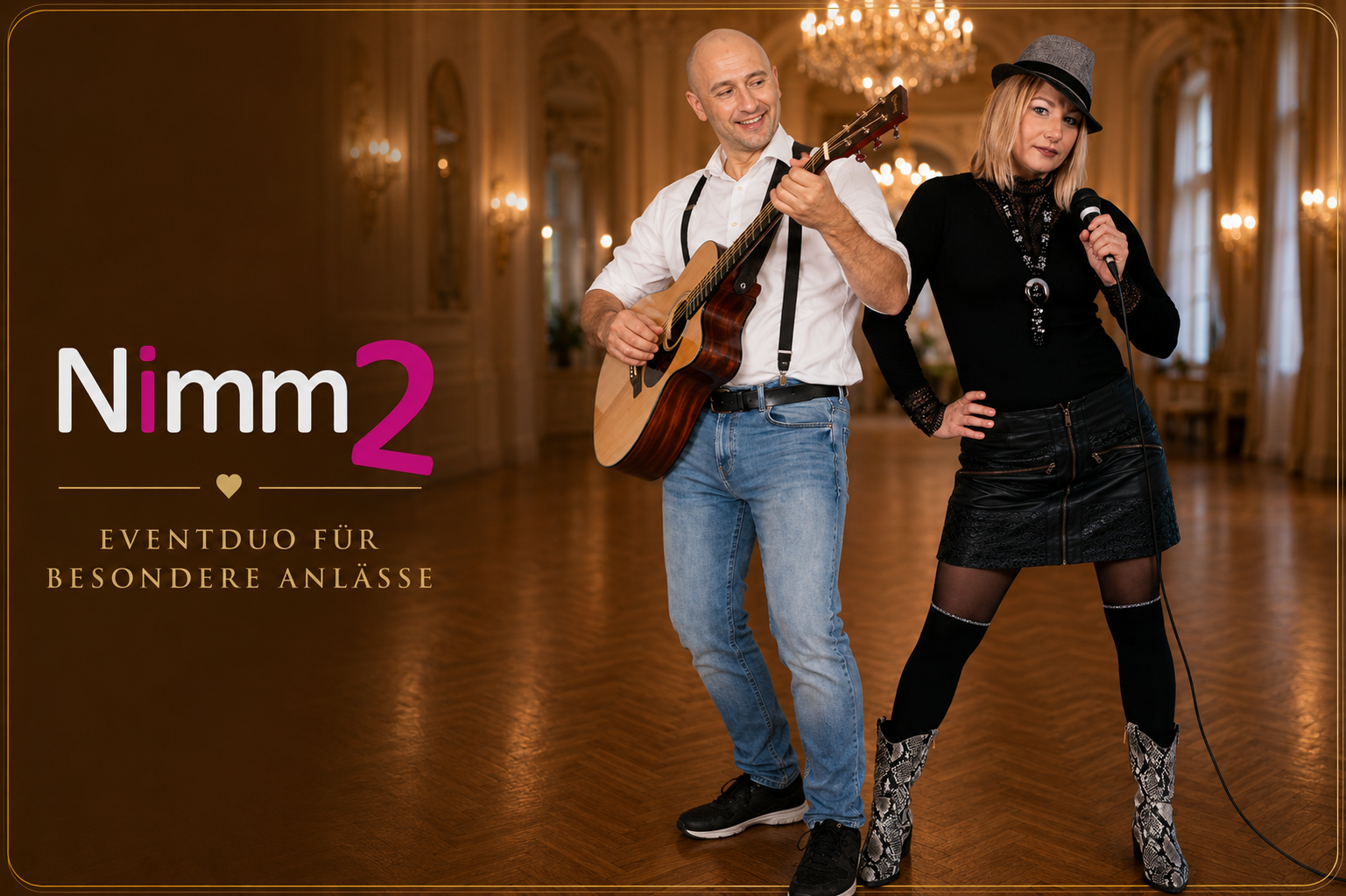 Hochzeitsmusik - Donauraum - Heiße Partystimmung auf Hochzeit, Maturaball, Firmenfest und Event gewünscht?
Nimm 2 sorgt als Partyband auf Hochzeiten, Maturabälle, Firmenfeiern und Events für ausgelassen Stimmung.
Als Stimmungsmacher gilt die Partymusik auf Bälle, Gschnas, Faschingsparty, Open Airs und Weihnachtsfeiern.
Ihr bekommt von den MusikerInnen keine fertigen Playlists, weil jede Veranstaltung unterschiedlich und individuell ist!
Denn die gespielten Songs wählen wir als oberösterreichische Musikband  spontan aus.
Damit stellen wir uns auf unser Publikum möglichst perfekt ein.
Stimmungsgeladene Hits bringen die Tanzfläche zum Wackeln.
Das Lebensgefühl der 70er und 80er, 90er wird mit Leben erweckt.
Legendäre Discoknaller, packende Beats und Rockiges ertönt aus der Professionellen Anlage.
Musikwünsche gerne angenommen.

Unser Spaß an der Musik überträgt sich schnell auf das Publikum.
Denn das Erfolgskonzept als OÖ Partyband ist richtig gute Musik, Entertainment und beste Partylaune!
Das Duo hat eine langjährige Bühnenerfahrung, professionelle Performance und bestes Ton- und Lichtequipment.
Somit ist grandiose Stimmung auf jeder Party garantiert. - Nimm 2