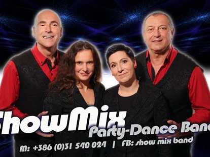 Hochzeitsmusik - Musikrichtungen: Hits von Heute - ShowMix Band 
mit einem extrem breiten repertoire über alle tanzstile, von walzer, foxtrott und discofox, über jive, rock’n roll und twist bis hin zu tango, rumba, samba und cha cha cha. Selbstverständlich auch Deustche schlager , Charts und als dinnermusik mit allen weltbekannten lieder. Das alles dargebracht in gediegenen outfits, bei angenehmer lautstärke und mit einem kompakten und platzsparenden ton- und lichtequipment.
ShowMix Band, gibt’s aber natürlich auch als energiegeladene partyband.   
Referenzen:
Golfhotel Maximillian Bad Griesbach D, Hotel Schweizer Hof Morosani Davos CH, Grawe versicherung SLO, Dorffest in Prissian I,Doreffest in Eyers I,NLS-EURO Luftfracht-Service GmbH Airport München D, Burghofnacht Rest.Seeblick Burgäschi CH , Starnight-Festzelt in Pöbringen A, Dorffest in Laas I, Bierfass Kloten CH , Wolf Zürich CH , Istrianische tage Rest.Mochoritsch Rückersdorf A , Hotel Anfi Palace Mürren CH , Roys-Roys Party Hotel Königshof Bonn D , ABBA-Nacht Sunstar Hotel Lenzerheide CH , Casinos Admiral CZ, See in Flammen St.Kazian A ,     
und viele hallen und zeltfeste mit 500 bis 3000 besucher in Oesterreich, Deutschland, Italien , Slowenien ,Tschechien und der Schweiz.
 - ShowMix Band